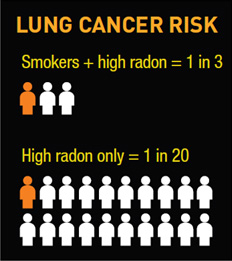 This is a infographic about the lung cancer risk of smoking and radon gas.